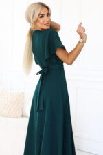 581-8 JENNIFER długa suknia z rozcięciem na nogę, rękawkiem i dekoltem - zieleń butelkowa-4