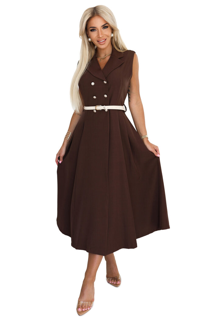 596-4 Elegancka szmizjerka midi ze złotymi guzikami i paskiem - CZEKOLADOWA-8