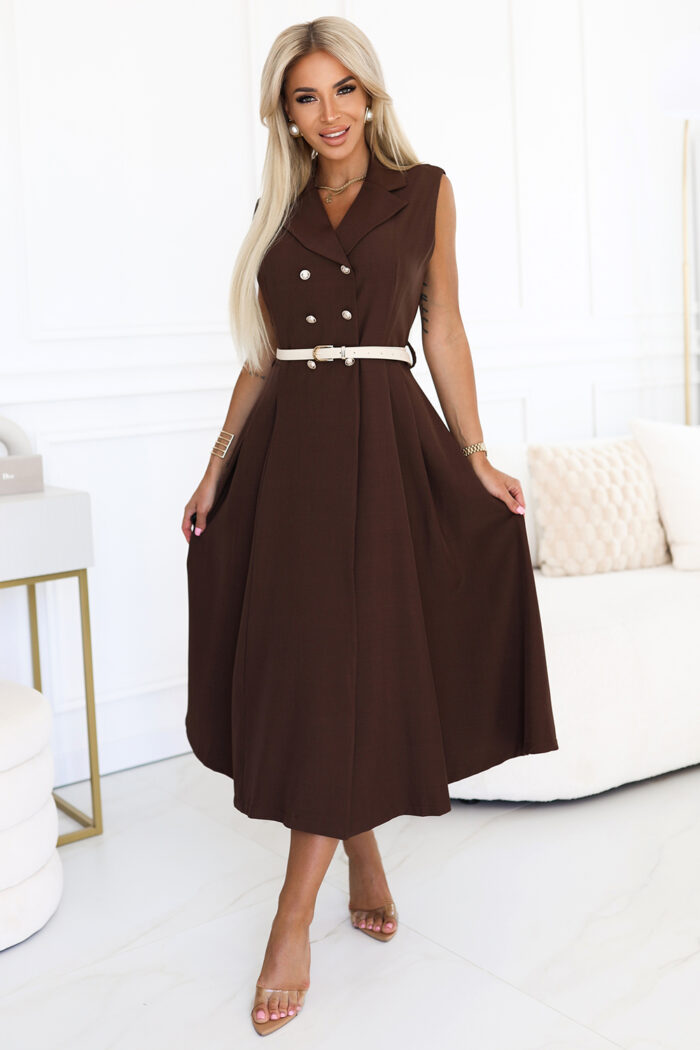 596-4 Elegancka szmizjerka midi ze złotymi guzikami i paskiem - CZEKOLADOWA-1