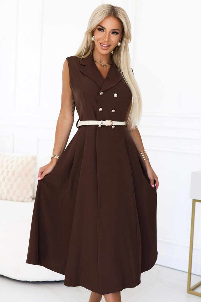 596-4 Elegancka szmizjerka midi ze złotymi guzikami i paskiem - CZEKOLADOWA-4