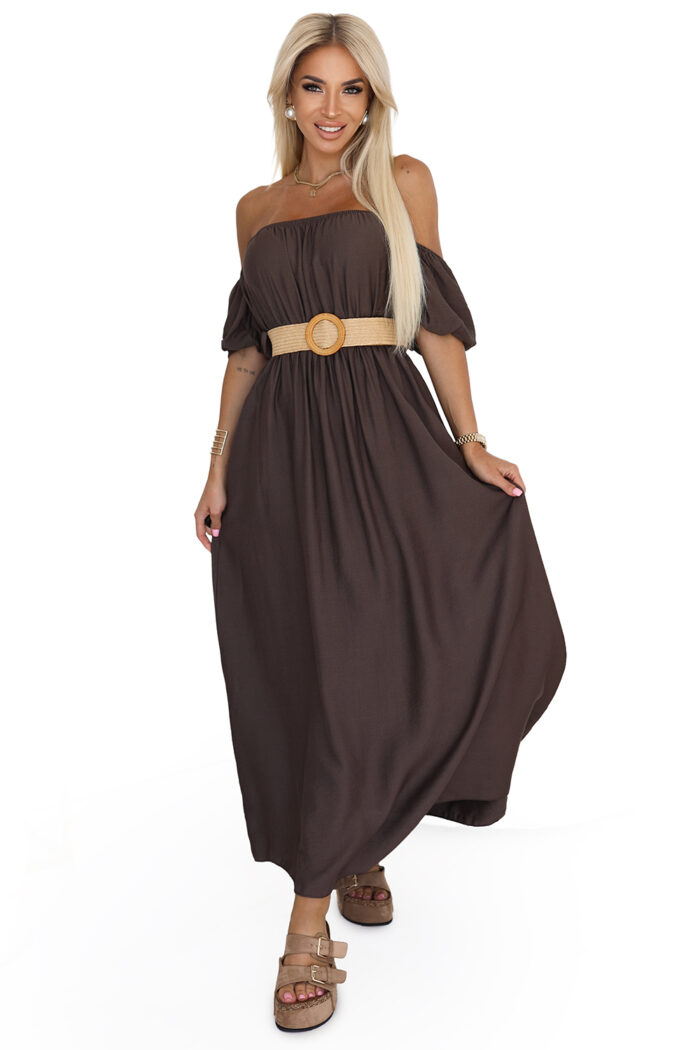 614-1 Sukienka maxi w stylu boho z odkrytymi ramionami i paskiem - CZEKOLADOWA-8