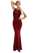 617-2 Długa suknia syrenka z czarną koronką i siateczką - bordowa-8