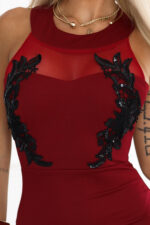 617-2 Długa suknia syrenka z czarną koronką i siateczką - bordowa-7