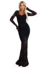 620-1 Wieczorowa koronkowa suknia maxi typu rybka z długim rękawem - czarna-7