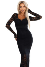 620-1 Wieczorowa koronkowa suknia maxi typu rybka z długim rękawem - czarna-8