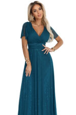 635-1 MELANIA długa błyszcząca suknia z dekoltem i krótkim rękawkiem - zieleń butelkowa-10