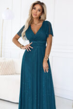 635-1 MELANIA długa błyszcząca suknia z dekoltem i krótkim rękawkiem - zieleń butelkowa-4