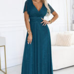 635-1 MELANIA długa błyszcząca suknia z dekoltem i krótkim rękawkiem - zieleń butelkowa-1