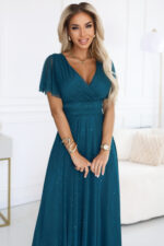 635-1 MELANIA długa błyszcząca suknia z dekoltem i krótkim rękawkiem - zieleń butelkowa-2
