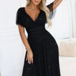 635-2 MELANIA długa błyszcząca suknia z dekoltem i krótkim rękawkiem - czarna-1