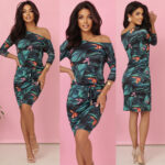 13-166 Sukienka sportowa z kieszonkami i wiązaniem - liście 3D-13