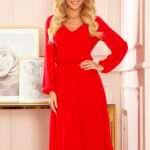 304-3 Szyfonowa sukienka midi z dekoltem i falbanką - CZERWONA-1