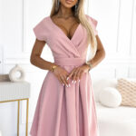 348-9 SCARLETT rozkloszowana sukienka z kopertowym dekoltem i paskiem - PUDROWY RÓŻ-1