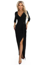 404-13 Elegancka długa sukienka z kopertowym dekoltem i rozcięciem - czarna-8