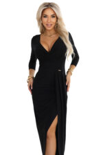 404-13 Elegancka długa sukienka z kopertowym dekoltem i rozcięciem - czarna-9