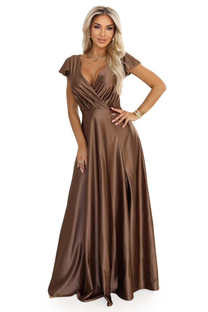 411-14 CRYSTAL satynowa długa suknia z dekoltem - mocha mousse-8