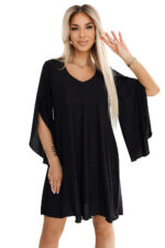 597-1 LIVIA Elegancka trapezowa sukienka z rękawami typu motyl - czarna z brokatem-6