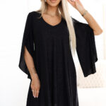 597-1 LIVIA Elegancka trapezowa sukienka z rękawami typu motyl - czarna z brokatem-1