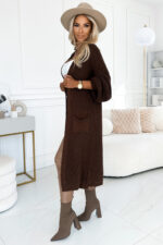 627-2 Kardigan - sweterkowa długa narzutka z kieszeniami - kolor czekoladowy-2