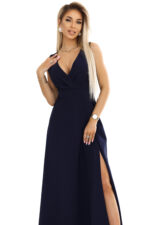 634-1 MIRA elegancka sukienka maxi z kopertowym dekoltem i rozcięciem na nodze - granatowa-7