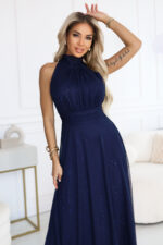 636-2 VERONICA luksusowa długa suknia z brokatowym akcentem i szykownym krojem - granatowa-2