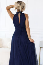 636-2 VERONICA luksusowa długa suknia z brokatowym akcentem i szykownym krojem - granatowa-5