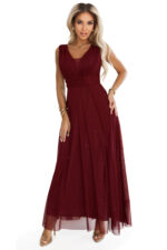 637-1 Wieczorowa długa sukienka z brokatowym akcentem i głębokim dekoltem - bordowa-7