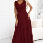 637-1 Wieczorowa długa sukienka z brokatowym akcentem i głębokim dekoltem - bordowa-1