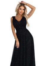637-2 Wieczorowa długa sukienka z brokatowym akcentem i głębokim dekoltem - czarna-7