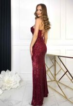 Gorsetowa cekinowa sukienka maxi na ramiączkach bordowa - obrazek 3