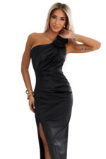 580-6 AURORA długa satynowa suknia na jedno ramię z różami - czarna-8