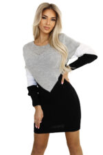 584-1 Trójkolorowa sweterkowa sukienka z ażurowym dekoltem - czarno-biało-szara-6