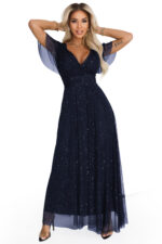 635-3 MELANIA długa błyszcząca suknia z dekoltem i krótkim rękawkiem - granatowa-8