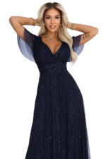 635-3 MELANIA długa błyszcząca suknia z dekoltem i krótkim rękawkiem - granatowa-9
