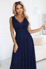 637-3 Wieczorowa długa sukienka z brokatowym akcentem i głębokim dekoltem - granatowa-2