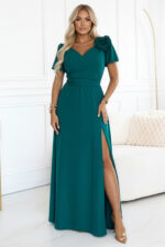 653-1 Elegancka długa sukienka z różą, paskiem i wysokim rozcięciem - butelkowa zieleń-6