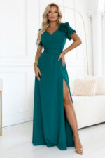653-1 Elegancka długa sukienka z różą, paskiem i wysokim rozcięciem - butelkowa zieleń-8