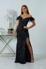 cekinowa sukienka hiszpanka maxi z piórami czarna - obrazek 4