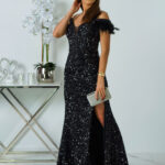 cekinowa sukienka hiszpanka maxi z piórami czarna