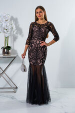 Sukienka cekinowa maxi z siateczkowym rękawem i tiulem czarno-beżowa - obrazek 4