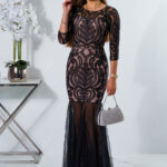 Sukienka cekinowa maxi z siateczkowym rękawem i tiulem czarno-beżowa