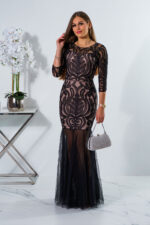 Sukienka cekinowa maxi z siateczkowym rękawem i tiulem czarno-beżowa