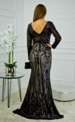 Błyszcząca cekinowa koronkowa sukienka maxi z długim rękawem czarno-beżowa - obrazek 4