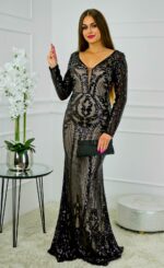 Błyszcząca cekinowa koronkowa sukienka maxi z długim rękawem czarno-beżowa - obrazek 3