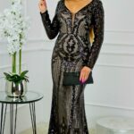Błyszcząca cekinowa koronkowa sukienka maxi z długim rękawem czarno-beżowa