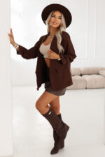 588-3 Damska klasyczna marynarka z drapowanymi rękawkami - czekoladowa-2