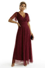 635-5 MELANIA długa błyszcząca suknia z dekoltem i krótkim rękawkiem - bordowa-5