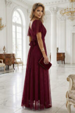 635-5 MELANIA długa błyszcząca suknia z dekoltem i krótkim rękawkiem - bordowa-7