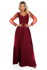 640-1 LORETTA wyjątkowa długa sukienka z tiulowymi rękawkami i dekoltem - bordowa-8