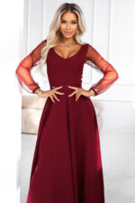 640-1 LORETTA wyjątkowa długa sukienka z tiulowymi rękawkami i dekoltem - bordowa-5